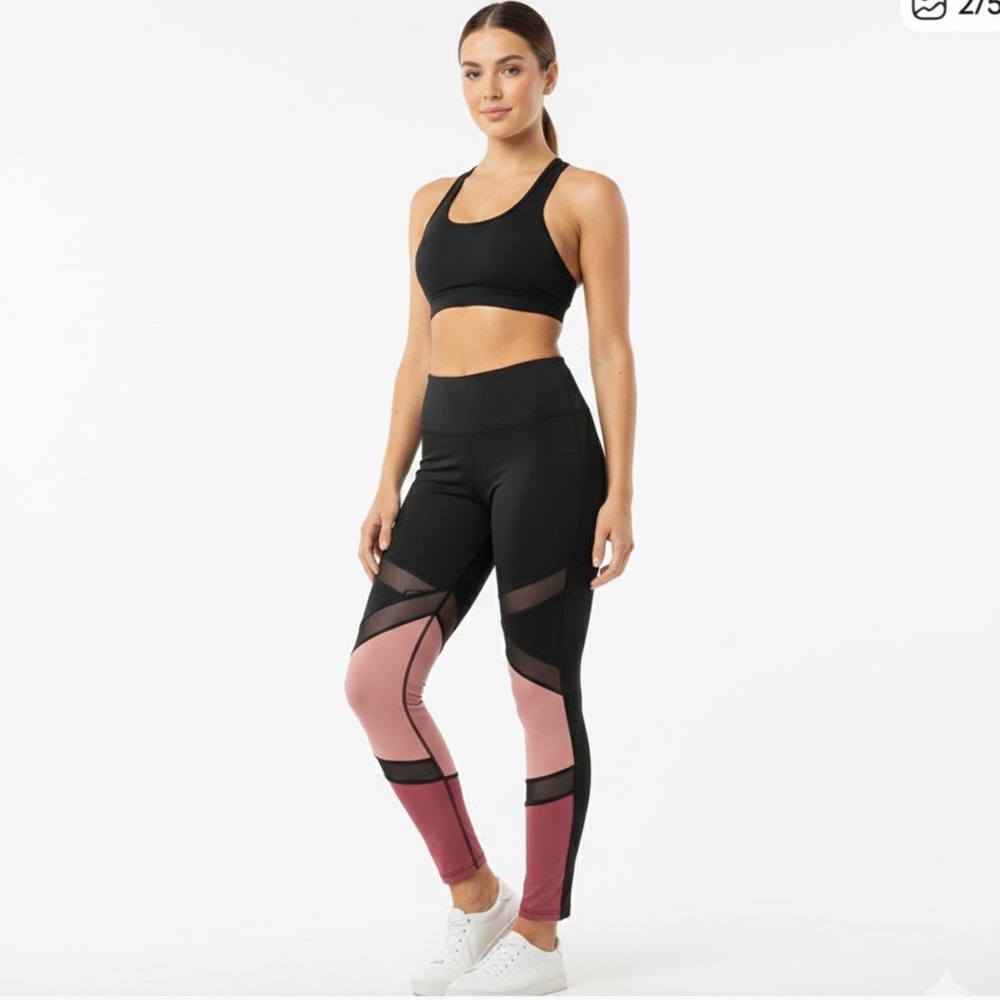 Black & Pink Colorblock High Waist Mesh Panel Workout Leggings Size Various‎